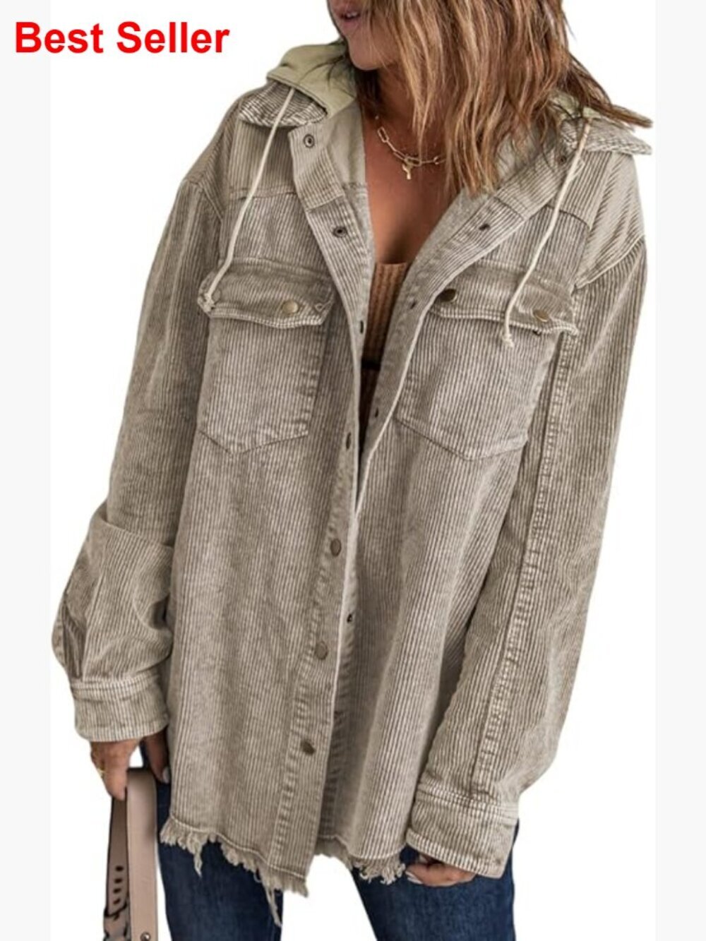 Corduroy Shacket Jacket Long Sleeve Button Down Color Block Hooded Coat with